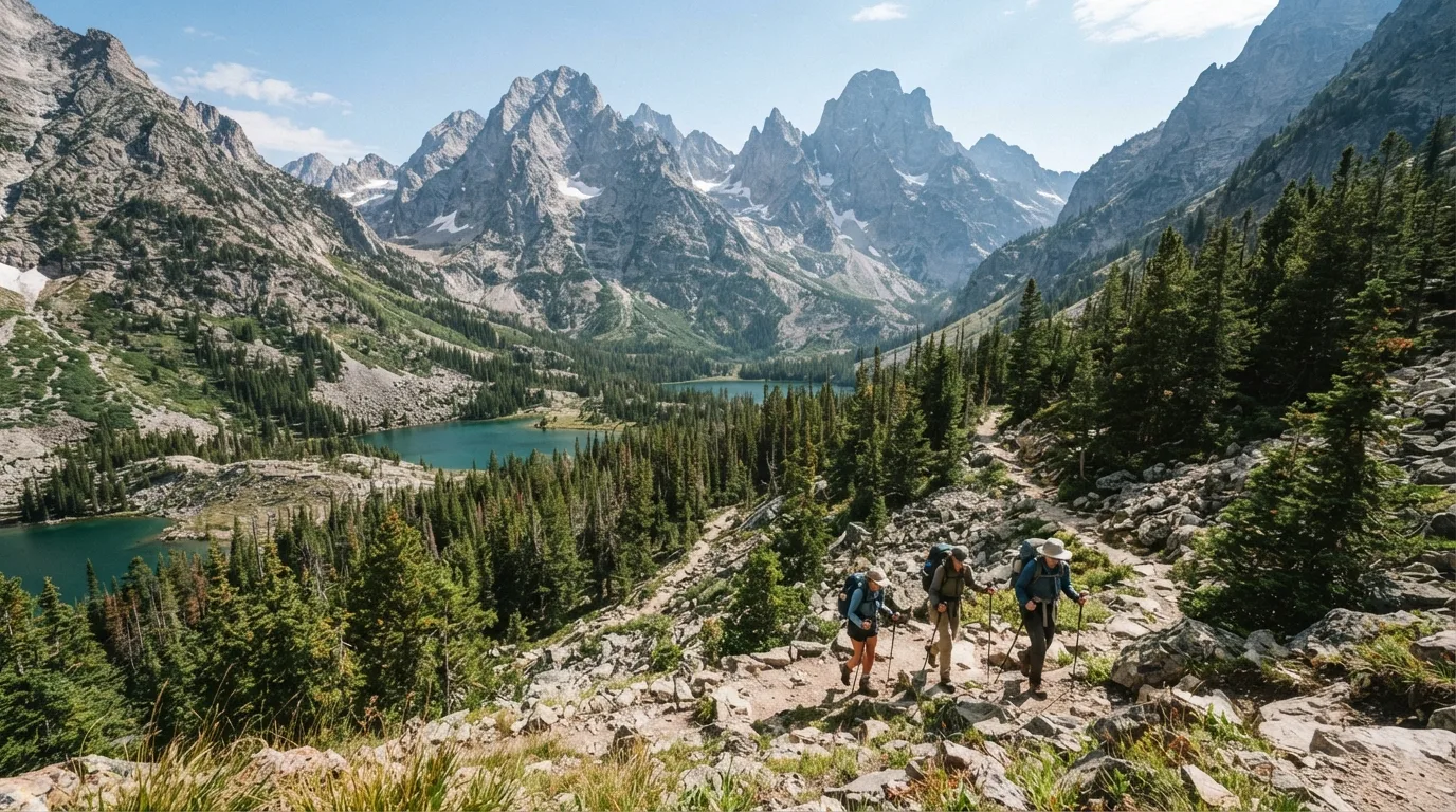 Hikers on Garnet Canyon Trail in Grand Teton with glacial lakes, lodgepole forest, canyon mouths, moraine benches, and sharp mountain skyline.