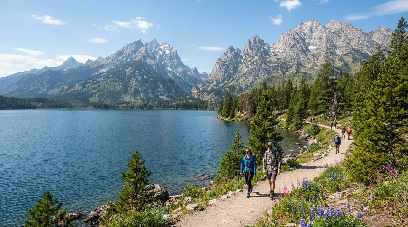 Hikers on Jenny Lake Loop in Grand Teton with glacial lakes, lodgepole forest, canyon mouths, moraine benches, and sharp mountain skyline.