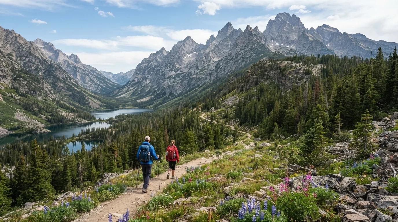 Hikers on Granite Canyon Trail in Grand Teton with glacial lakes, lodgepole forest, canyon mouths, moraine benches, and sharp mountain skyline.