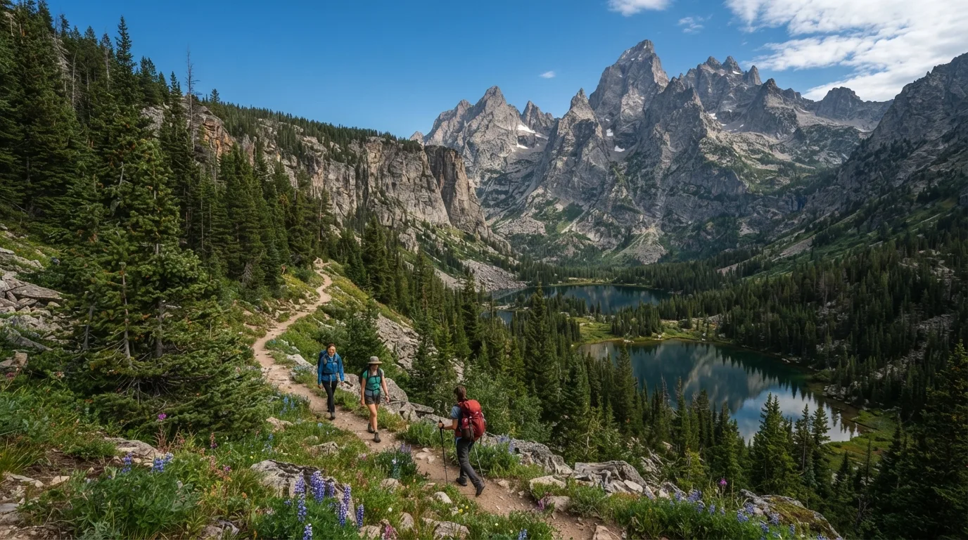 Hikers on Open Canyon Trail in Grand Teton with glacial lakes, lodgepole forest, canyon mouths, moraine benches, and sharp mountain skyline.