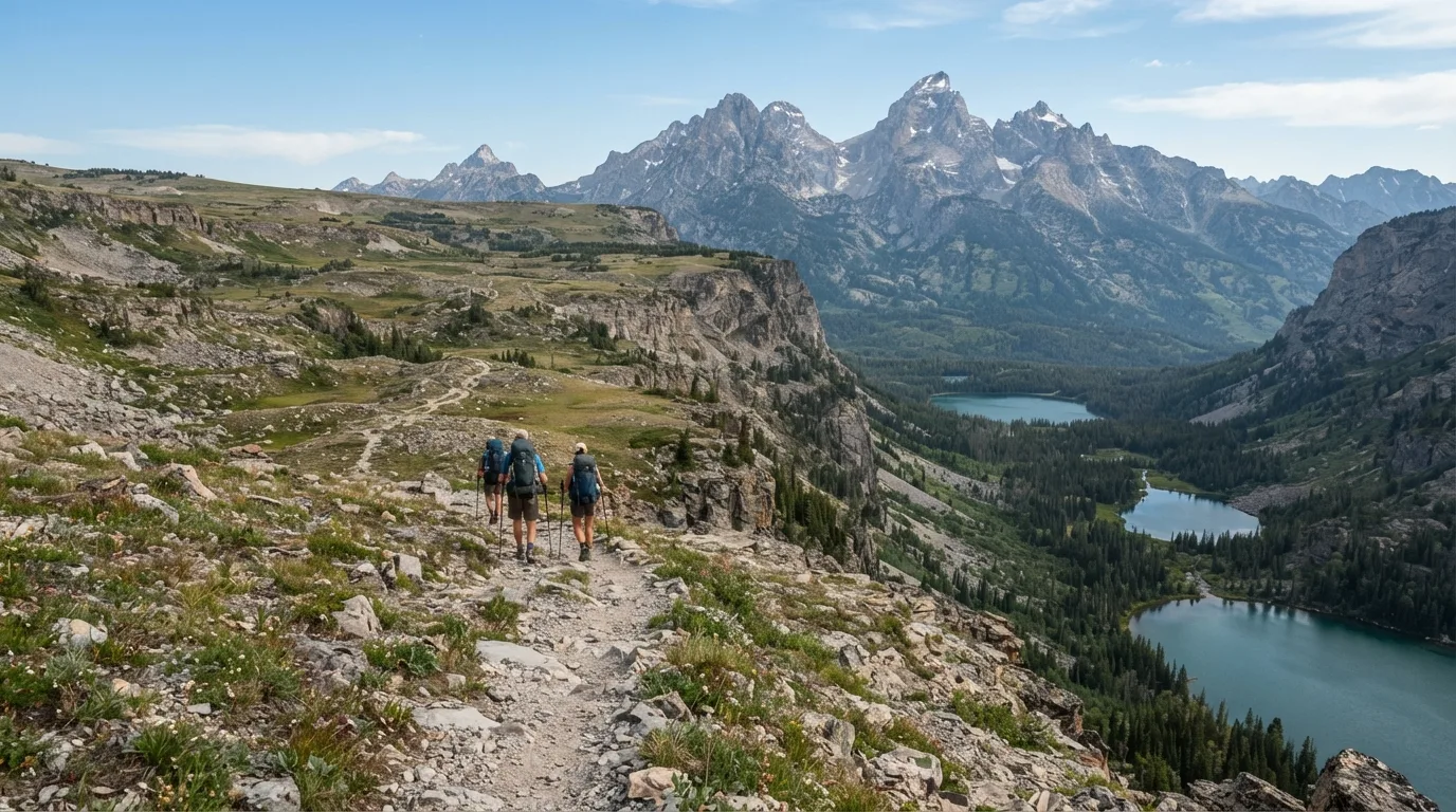 Hikers on Death Canyon Shelf Trail in Grand Teton with glacial lakes, lodgepole forest, canyon mouths, moraine benches, and sharp mountain skyline.