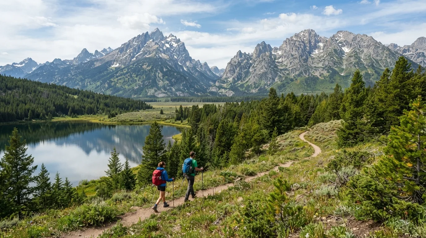 Hikers on Swan Lake and Heron Pond Loop in Grand Teton with glacial lakes, lodgepole forest, canyon mouths, moraine benches, and sharp mountain skyline.