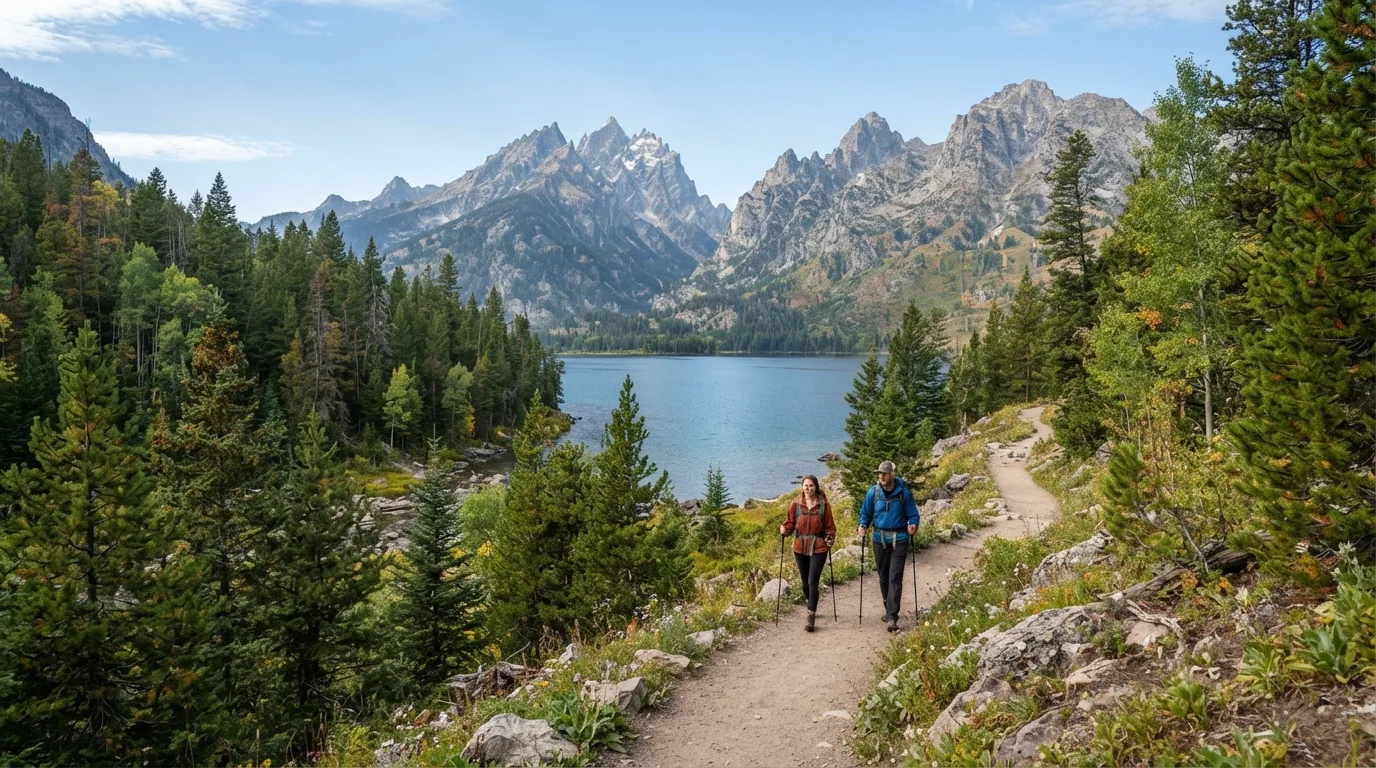 Hikers on Laurance S. Rockefeller Preserve Loop in Grand Teton with glacial lakes, lodgepole forest, canyon mouths, moraine benches, and sharp mountain skyline.