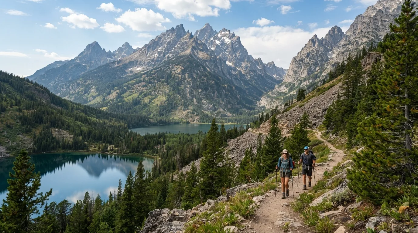Hikers on Valley Trail from Taggart Lake in Grand Teton with glacial lakes, lodgepole forest, canyon mouths, moraine benches, and sharp mountain skyline.