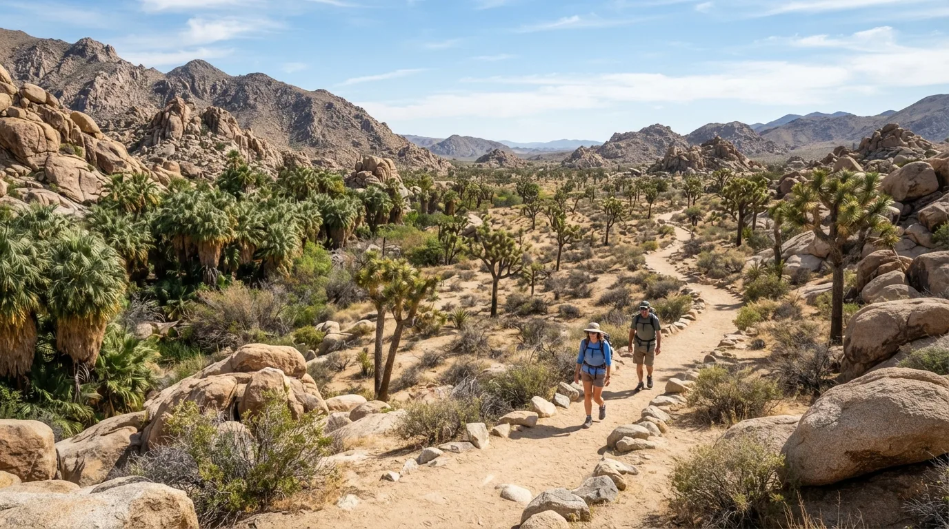 Hikers on Willow Hole Trail in Joshua Tree with Joshua tree woodland, granite boulders, old mine roads, palm oases, and open desert flats.