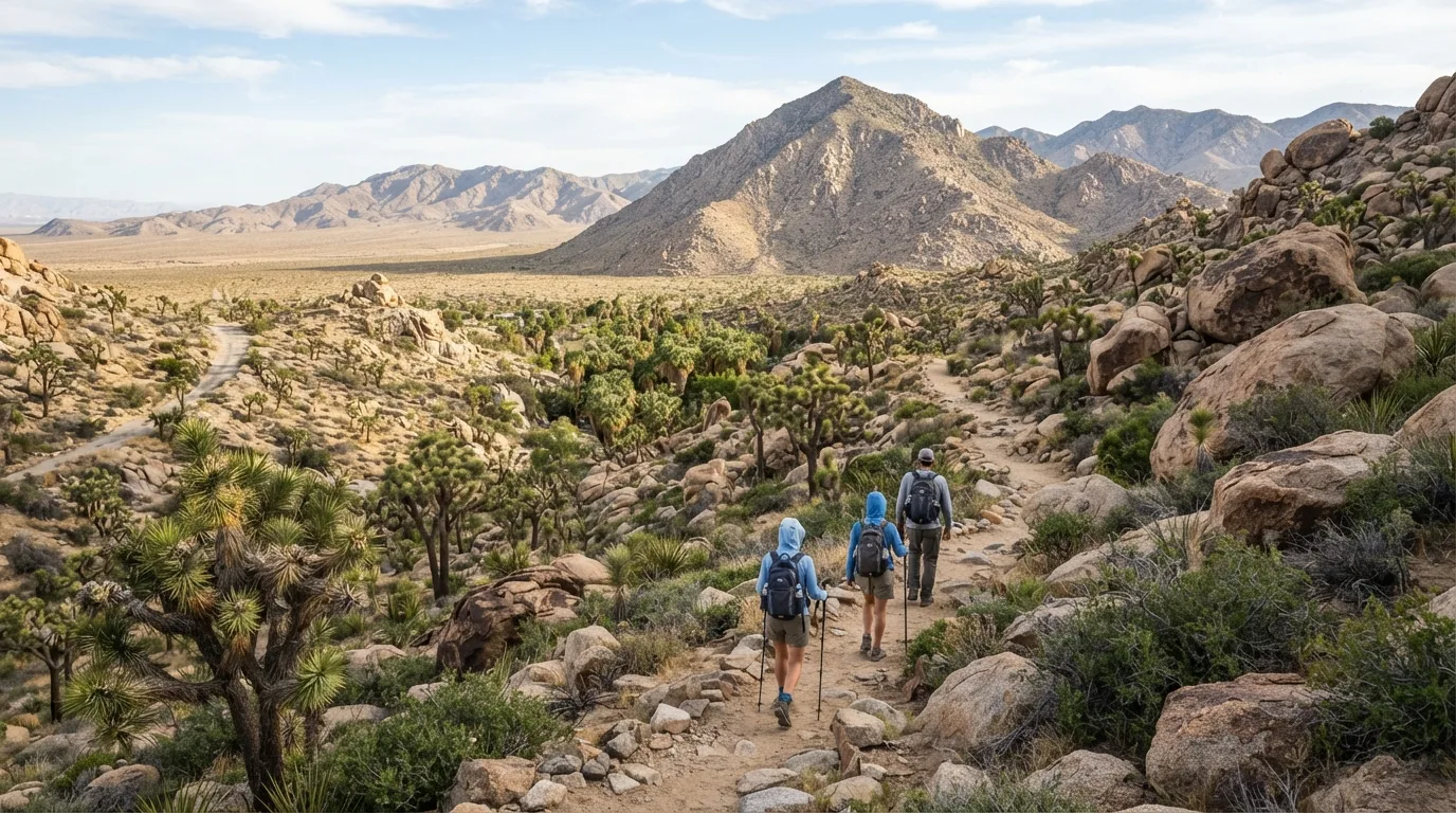 Hikers on Warren Peak Trail in Joshua Tree with Joshua tree woodland, granite boulders, old mine roads, palm oases, and open desert flats.