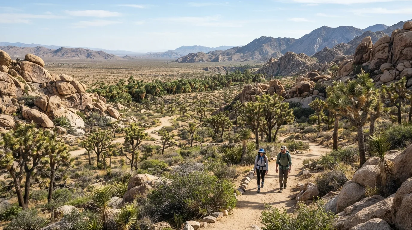 Hikers on Panorama Loop Trail in Joshua Tree with Joshua tree woodland, granite boulders, old mine roads, palm oases, and open desert flats.