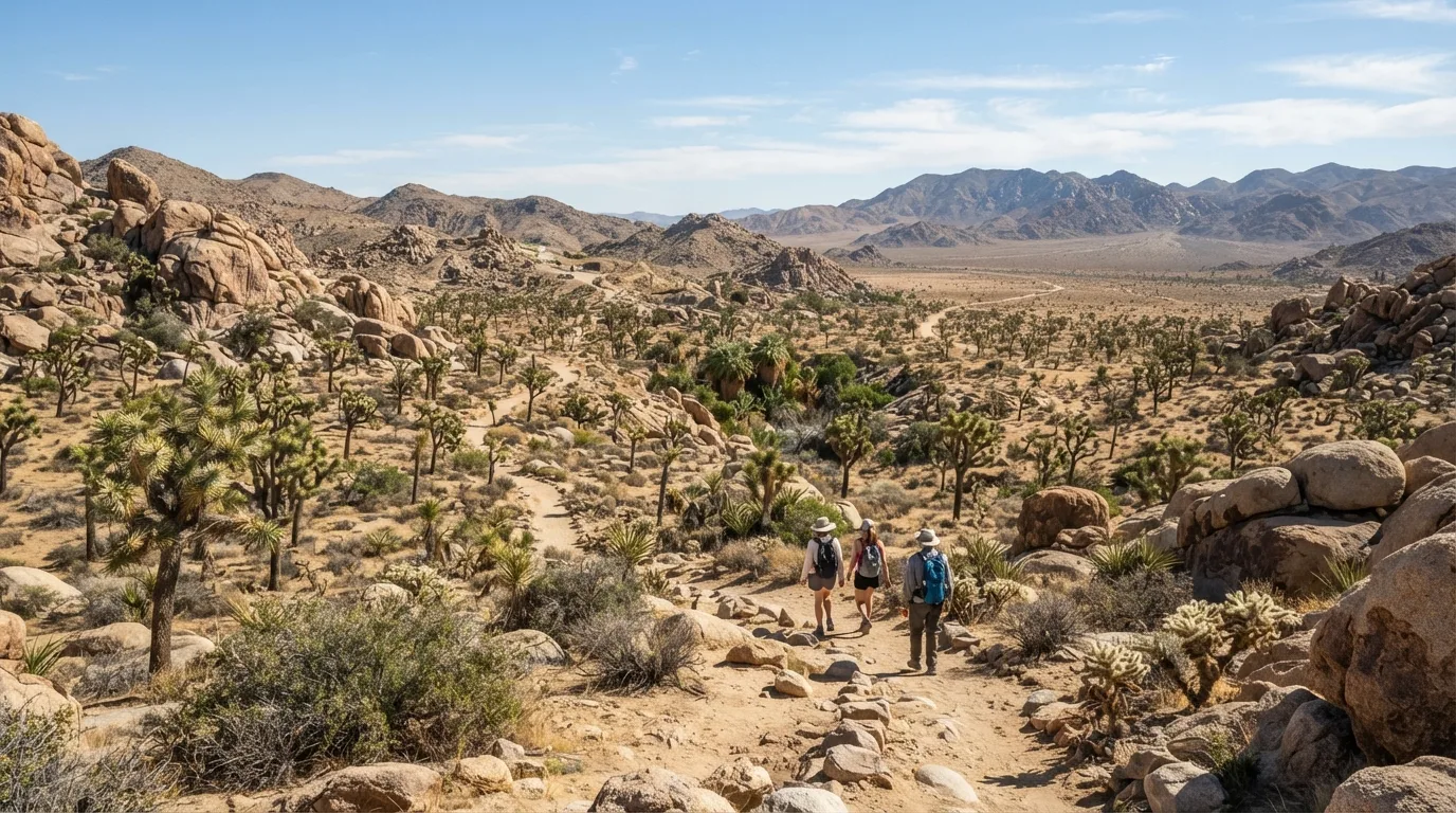 Hikers on Desert Queen Mine Trail in Joshua Tree with Joshua tree woodland, granite boulders, old mine roads, palm oases, and open desert flats.