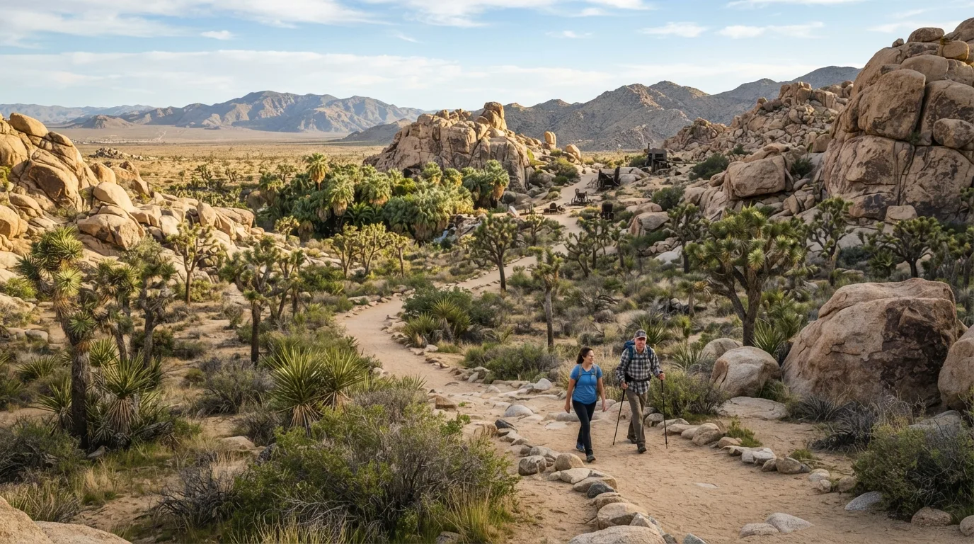 Hikers on Wall Street Mill Trail in Joshua Tree with Joshua tree woodland, granite boulders, old mine roads, palm oases, and open desert flats.