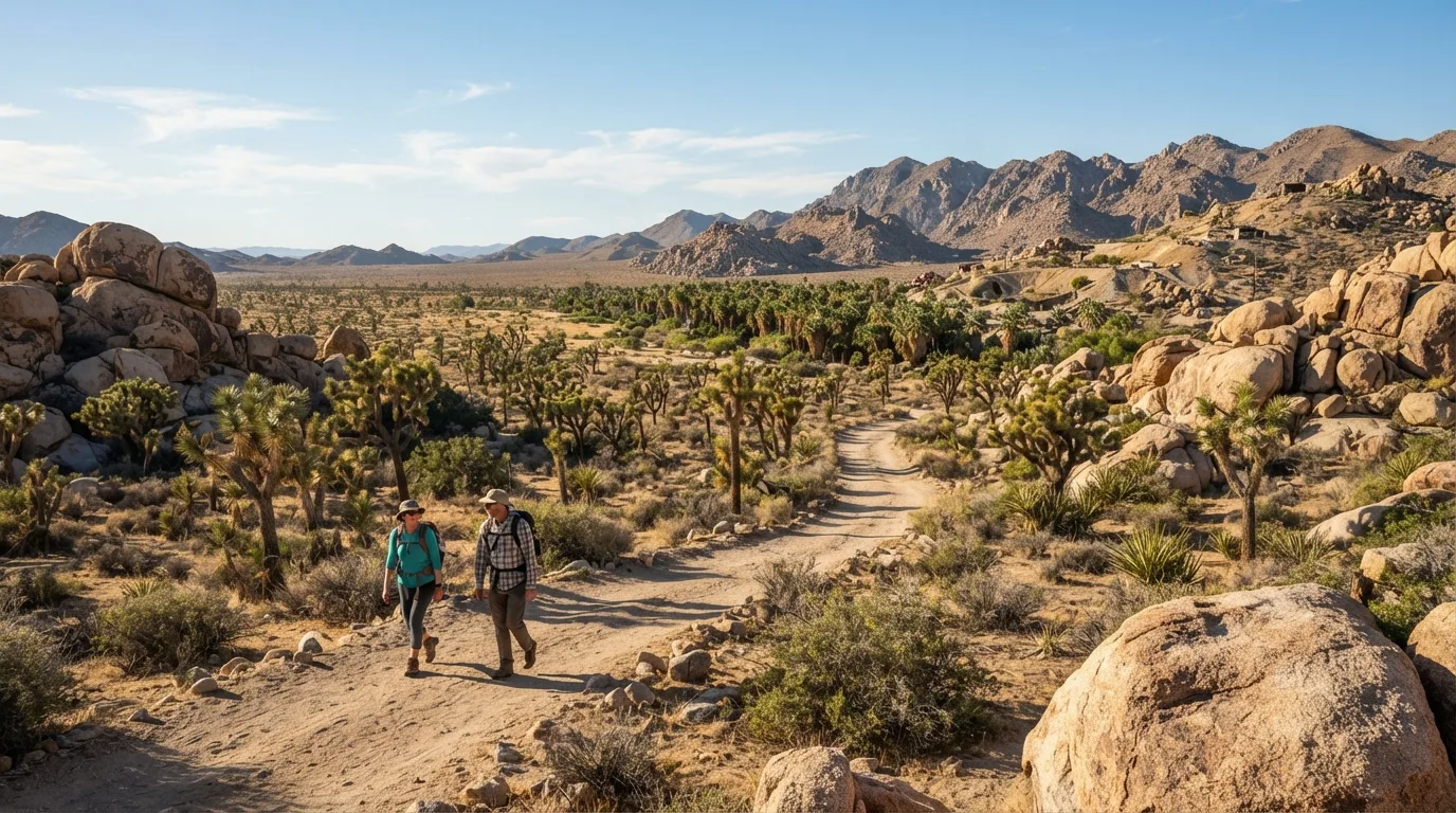 Hikers on Contact Mine Trail in Joshua Tree with Joshua tree woodland, granite boulders, old mine roads, palm oases, and open desert flats.