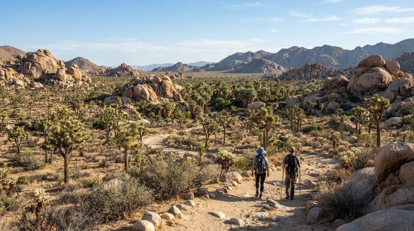 Hikers on Pine City Trail in Joshua Tree with Joshua tree woodland, granite boulders, old mine roads, palm oases, and open desert flats.