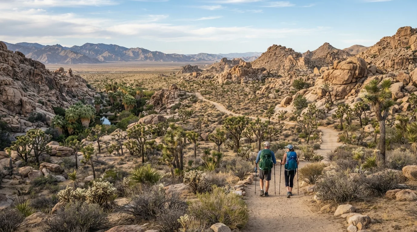 Hikers on California Riding and Hiking Trail in Joshua Tree with Joshua tree woodland, granite boulders, old mine roads, palm oases, and open desert flats.