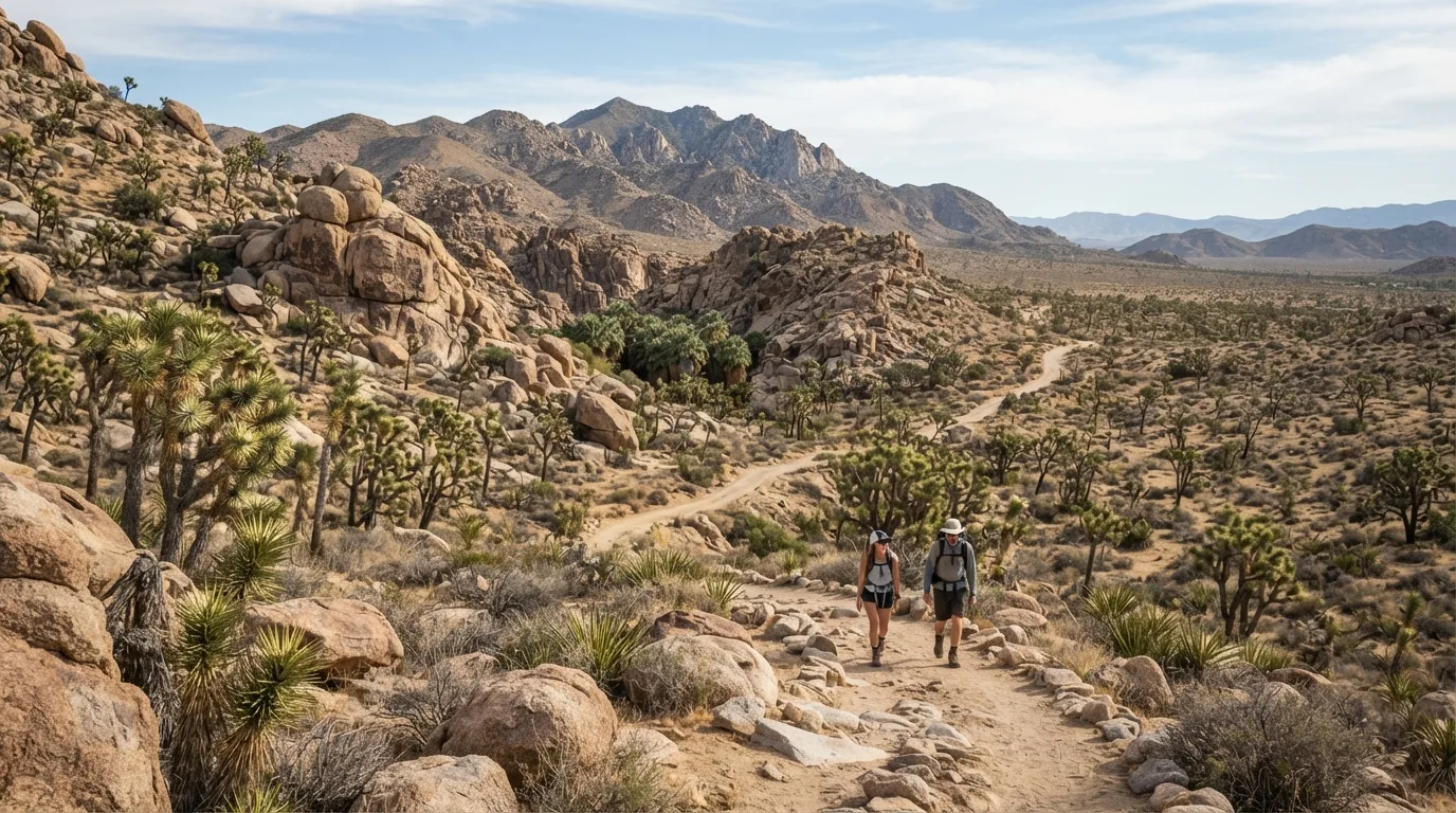 Hikers on Quail Mountain Trail in Joshua Tree with Joshua tree woodland, granite boulders, old mine roads, palm oases, and open desert flats.
