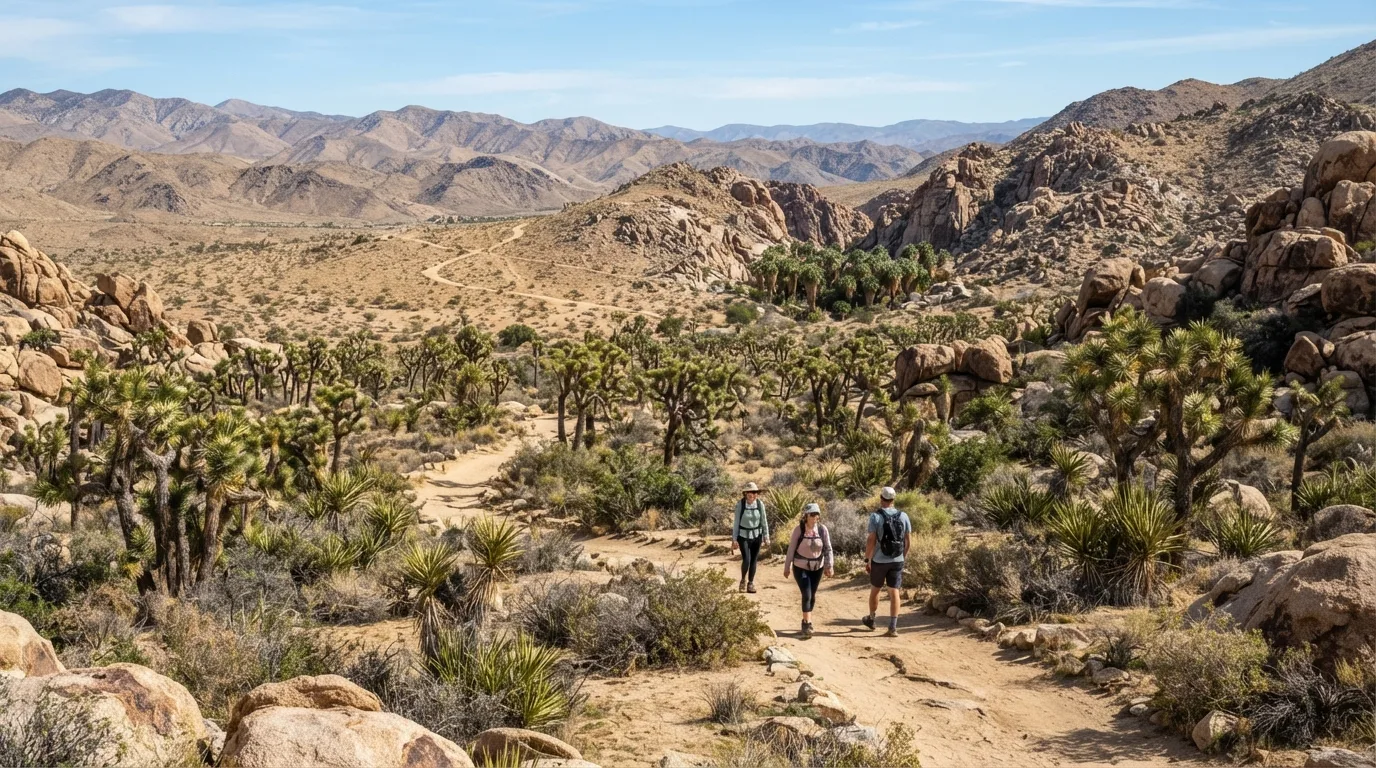 Hikers on Lost Palms Oasis Trail in Joshua Tree with Joshua tree woodland, granite boulders, old mine roads, palm oases, and open desert flats.