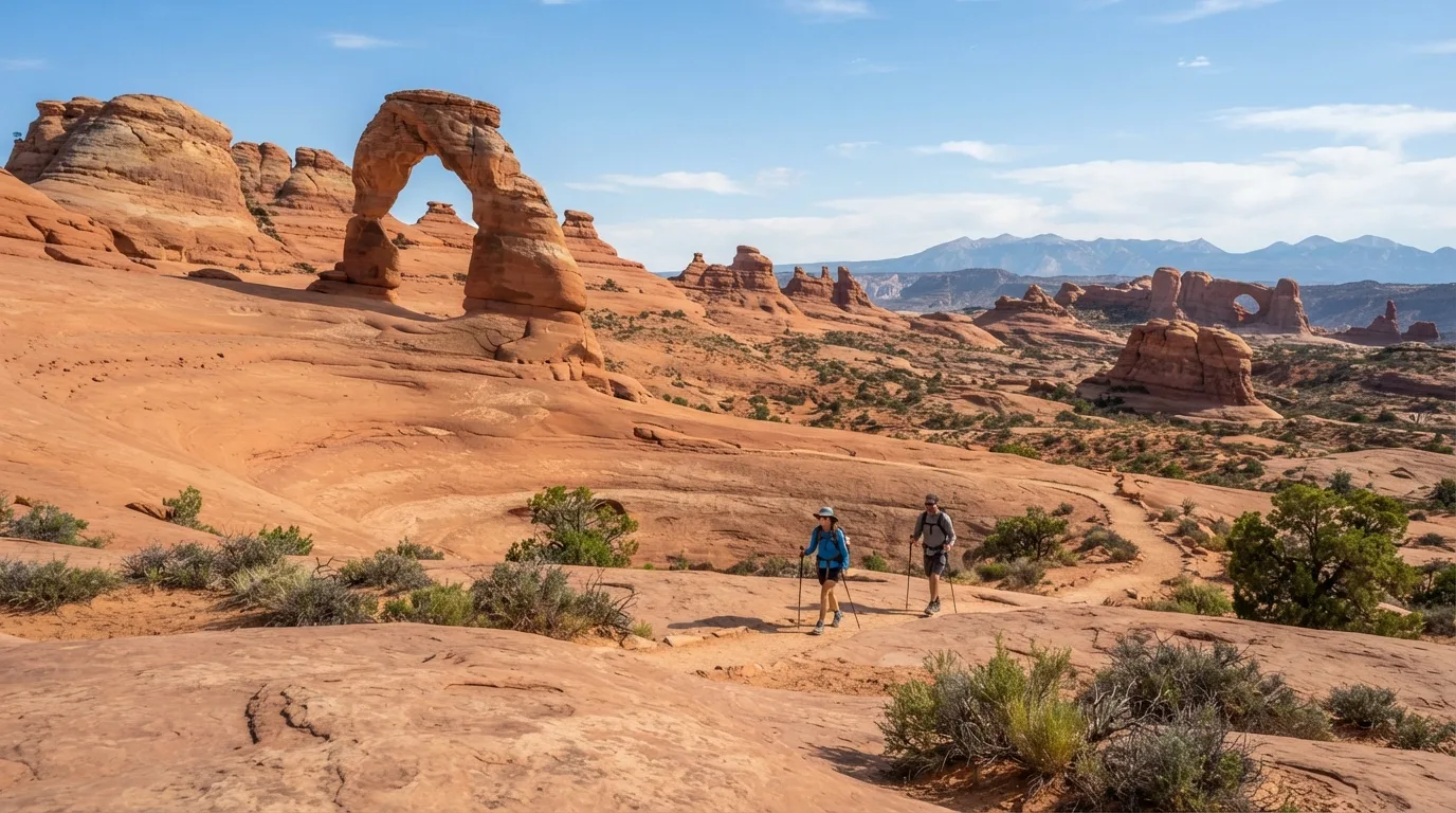 Hikers on Tapestry Arch Trail in Arches with sandstone fins, slickrock benches, desert washes, windows, and freestanding arches.