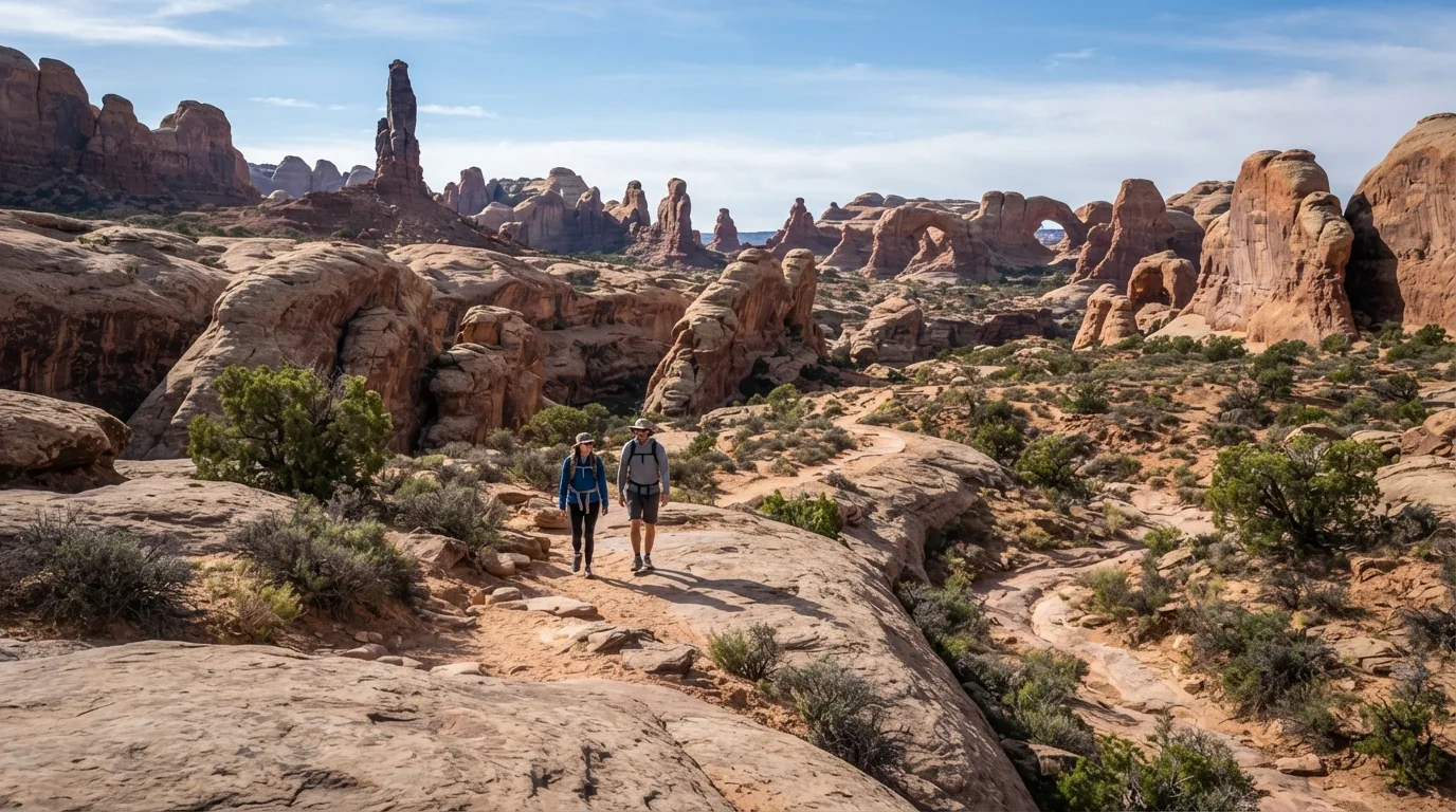 Hikers on Dark Angel Trail in Arches with sandstone fins, slickrock benches, desert washes, windows, and freestanding arches.