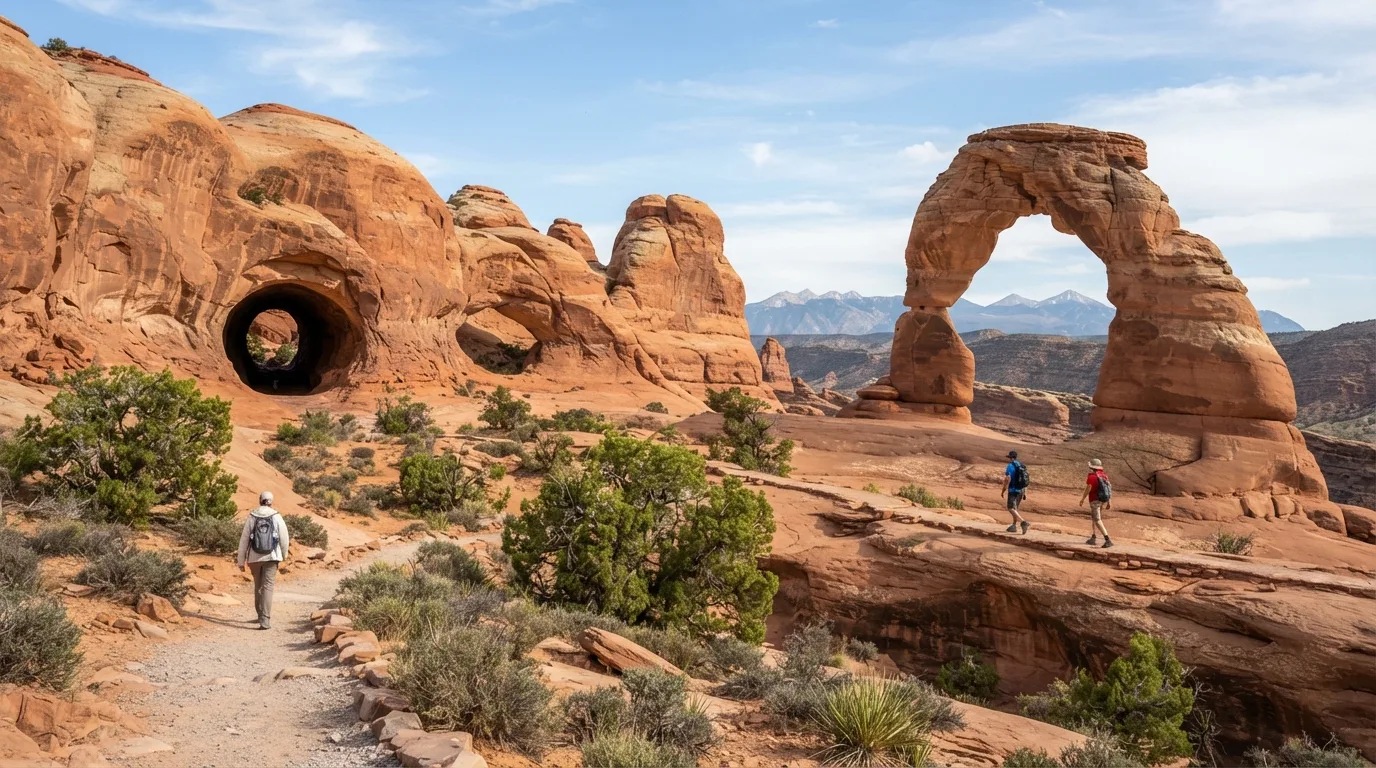 Hikers on Pine Tree Arch and Tunnel Arch in Arches with sandstone fins, slickrock benches, desert washes, windows, and freestanding arches.