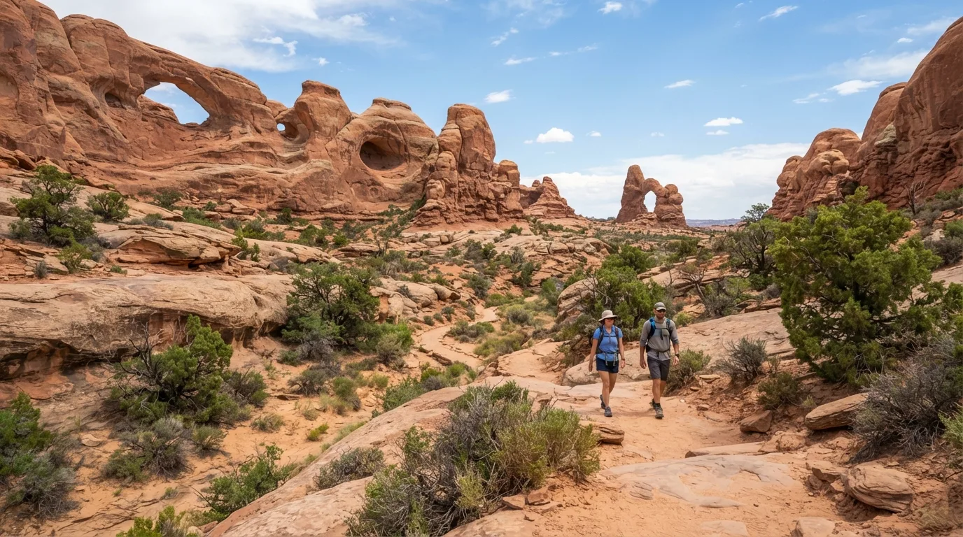 Hikers on Courthouse Wash Rock Art Trail in Arches with sandstone fins, slickrock benches, desert washes, windows, and freestanding arches.