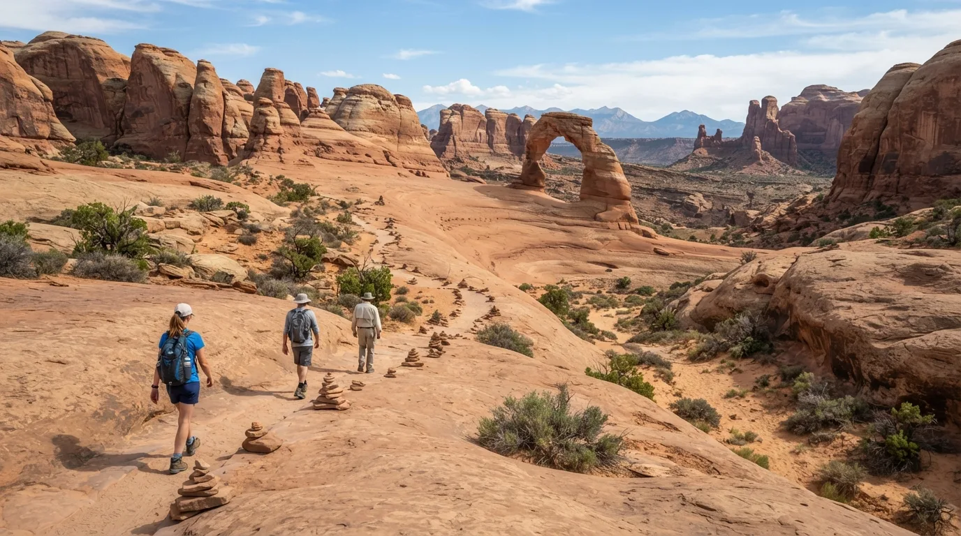 Hikers on Ring Arch Trail in Arches with sandstone fins, slickrock benches, desert washes, windows, and freestanding arches.