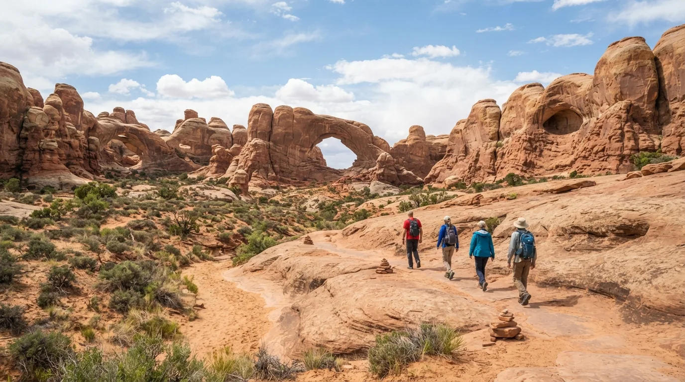 Hikers on Eye of the Whale Arch Trail in Arches with sandstone fins, slickrock benches, desert washes, windows, and freestanding arches.