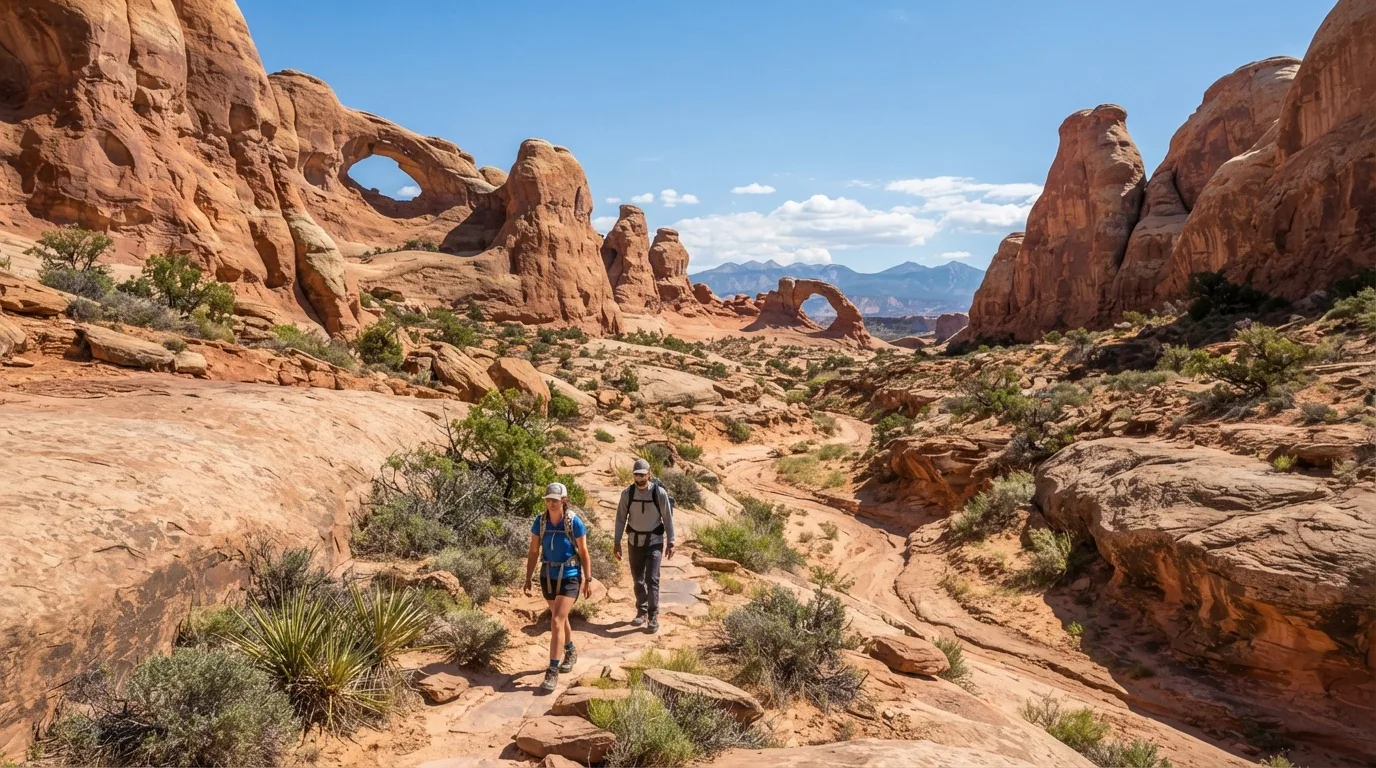 Hikers on Upper Courthouse Wash Trail in Arches with sandstone fins, slickrock benches, desert washes, windows, and freestanding arches.