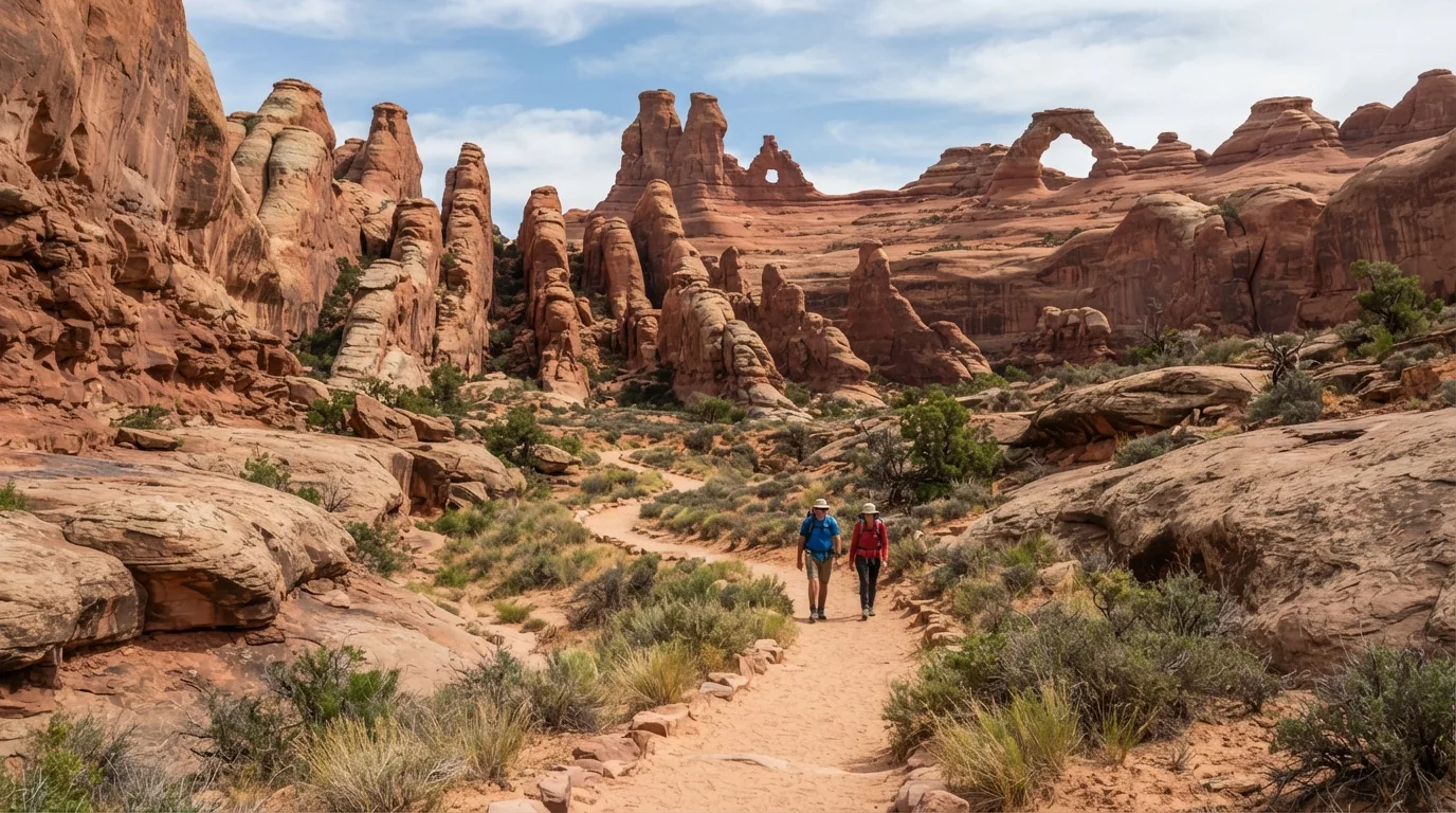 Hikers on Lower Courthouse Wash Trail in Arches with sandstone fins, slickrock benches, desert washes, windows, and freestanding arches.
