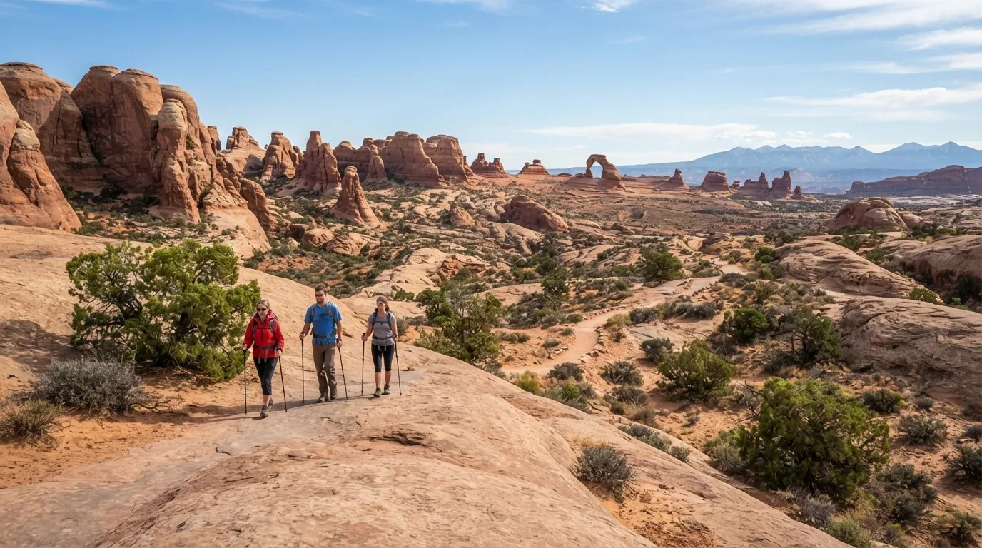 Hikers on Salt Valley Overlook Walk in Arches with sandstone fins, slickrock benches, desert washes, windows, and freestanding arches.