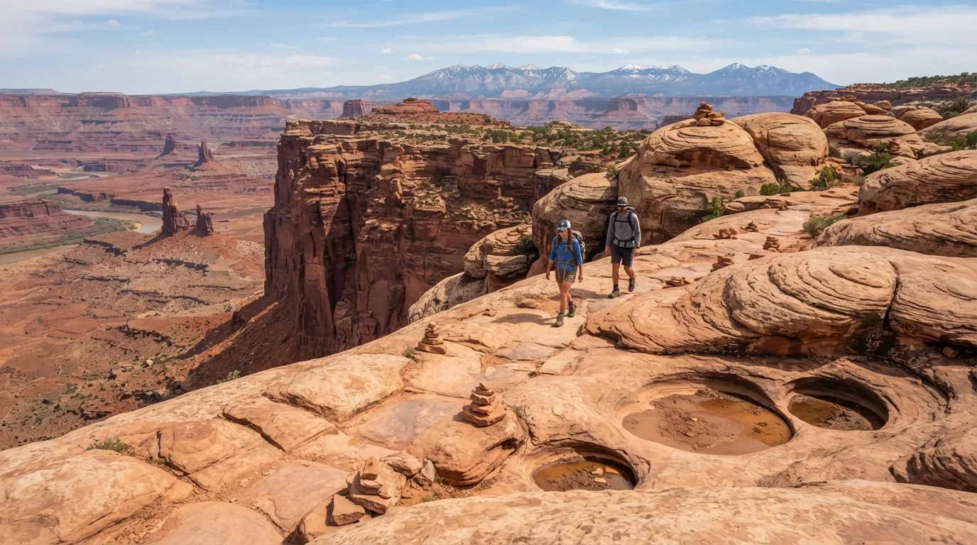 Hikers on Aztec Butte Trail in Canyonlands with mesa rims, slickrock domes, jointed sandstone, desert potholes, and immense canyon views.