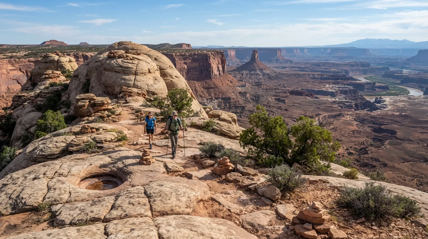 Hikers on Neck Spring Trail in Canyonlands with mesa rims, slickrock domes, jointed sandstone, desert potholes, and immense canyon views.