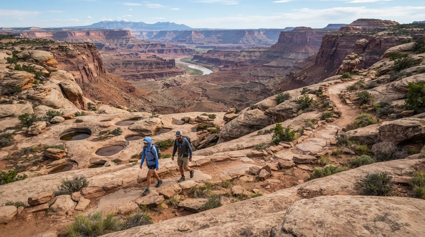 Hikers on Lathrop Canyon Trail in Canyonlands with mesa rims, slickrock domes, jointed sandstone, desert potholes, and immense canyon views.