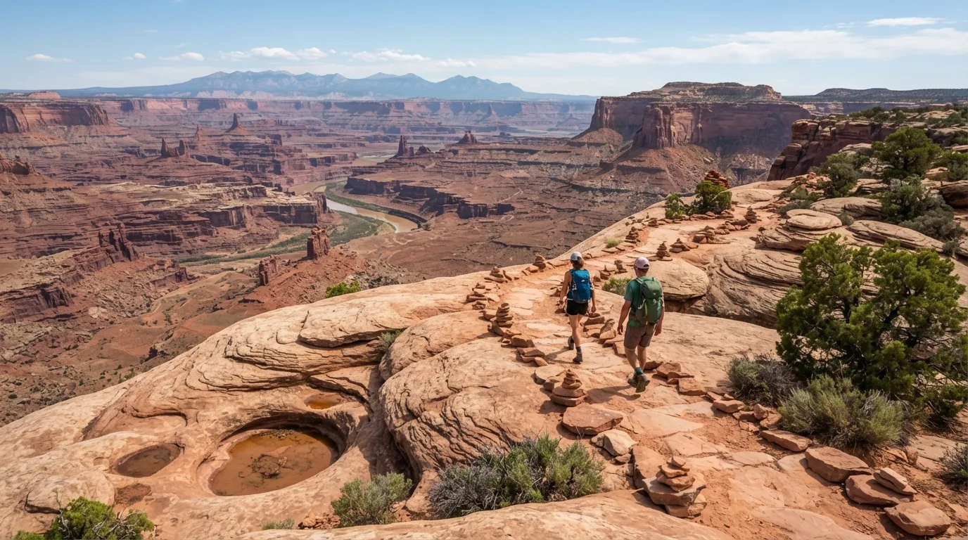 Hikers on Gooseberry Trail in Canyonlands with mesa rims, slickrock domes, jointed sandstone, desert potholes, and immense canyon views.