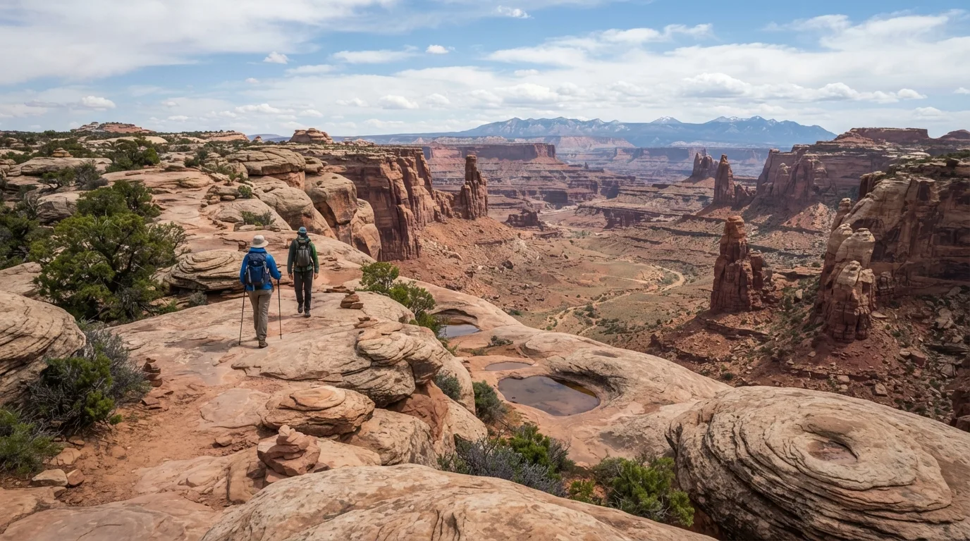 Hikers on Squaw Canyon Loop in Canyonlands with mesa rims, slickrock domes, jointed sandstone, desert potholes, and immense canyon views.