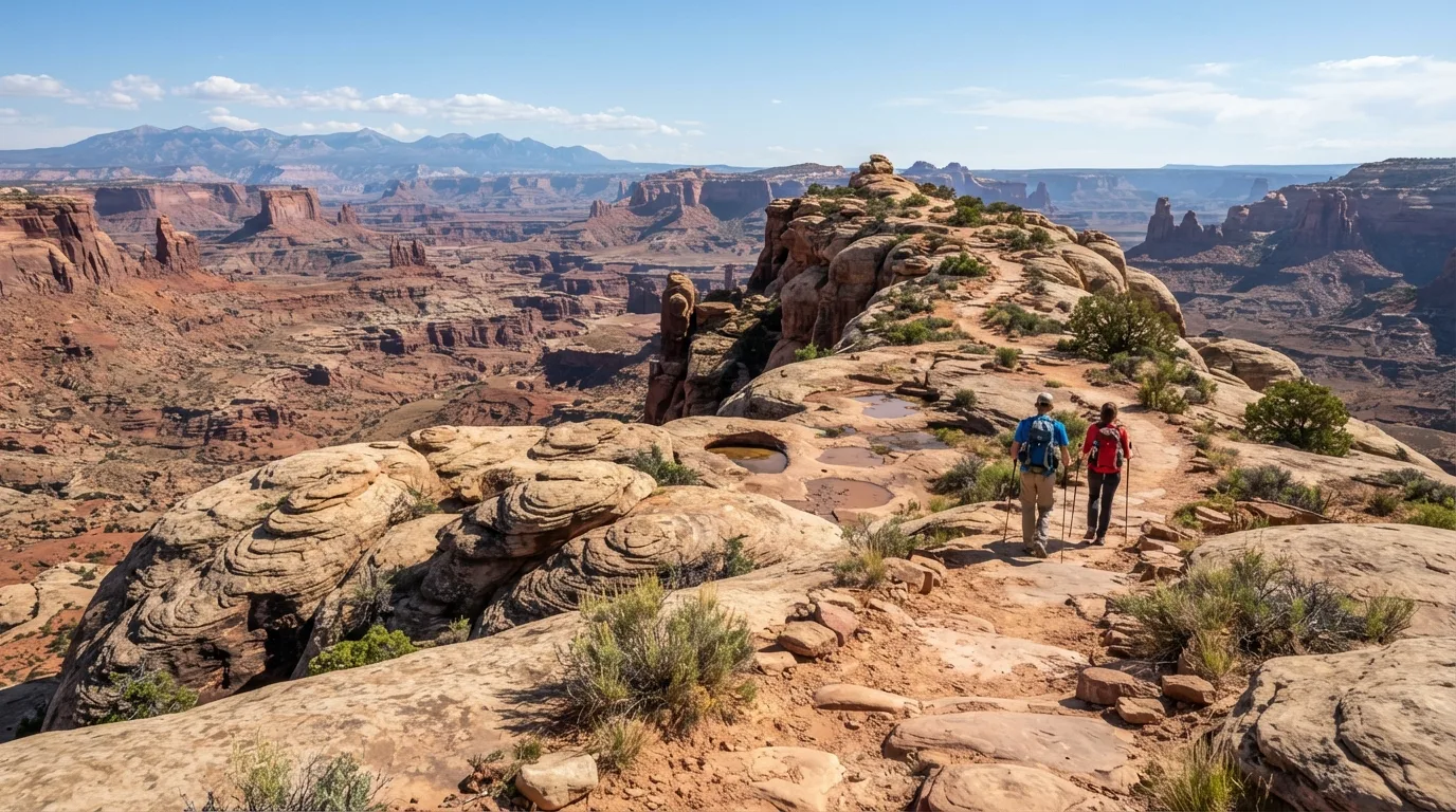 Hikers on Big Spring Canyon Overlook Trail in Canyonlands with mesa rims, slickrock domes, jointed sandstone, desert potholes, and immense canyon views.