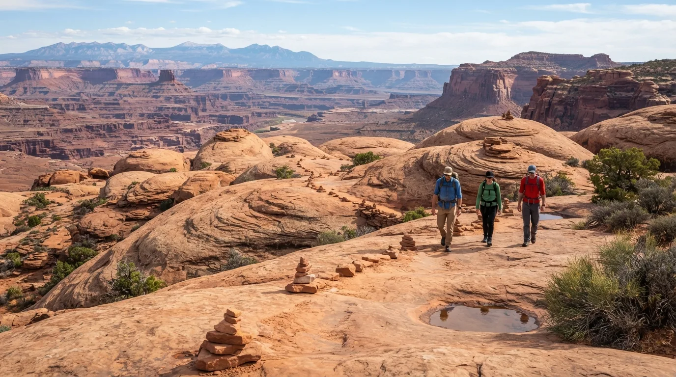 Hikers on Slickrock Foot Trail in Canyonlands with mesa rims, slickrock domes, jointed sandstone, desert potholes, and immense canyon views.