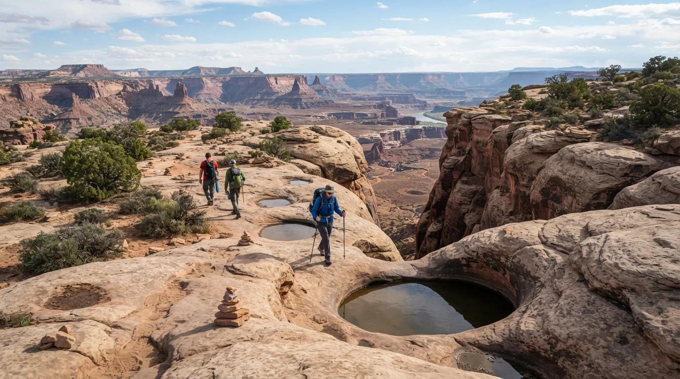 Hikers on Pothole Point Trail in Canyonlands with mesa rims, slickrock domes, jointed sandstone, desert potholes, and immense canyon views.