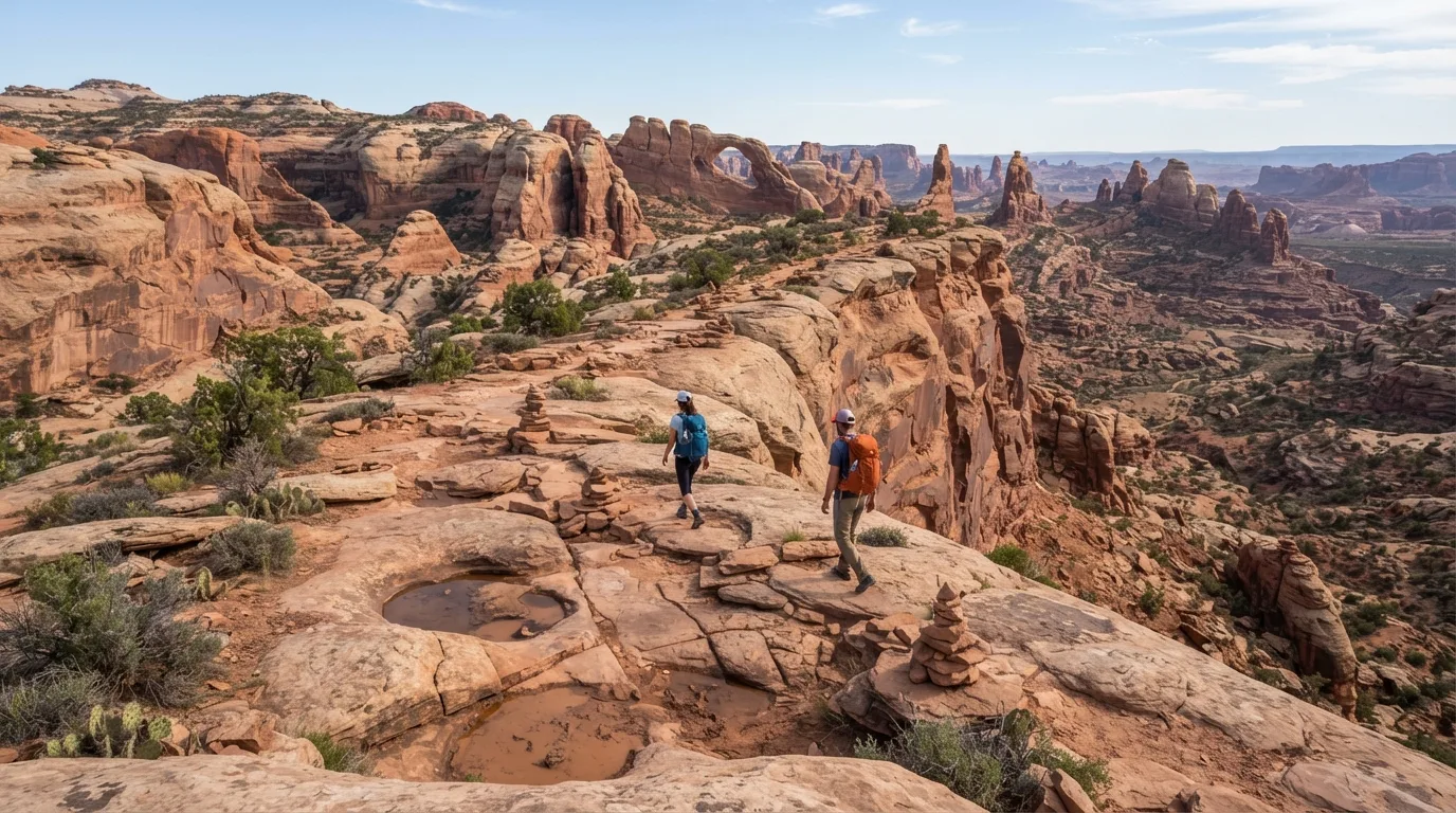 Hikers on Druid Arch Trail in Canyonlands with mesa rims, slickrock domes, jointed sandstone, desert potholes, and immense canyon views.