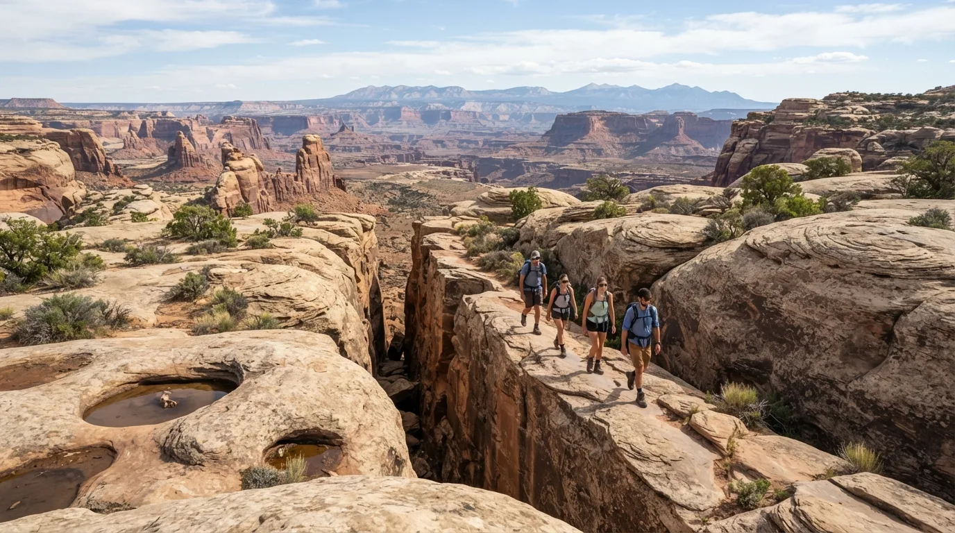 Hikers on Joint Trail in Canyonlands with mesa rims, slickrock domes, jointed sandstone, desert potholes, and immense canyon views.