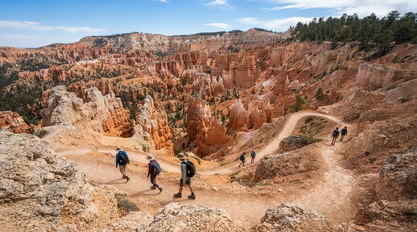 Hikers on Tower Bridge Trail in Bryce Canyon with hoodoo amphitheaters, rim forests, limestone fins, switchbacks, and high desert viewpoints.