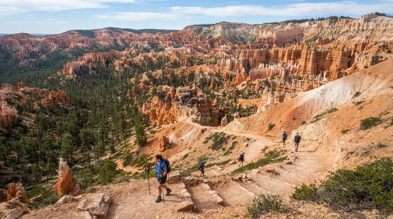 Hikers on Hat Shop Trail in Bryce Canyon with hoodoo amphitheaters, rim forests, limestone fins, switchbacks, and high desert viewpoints.