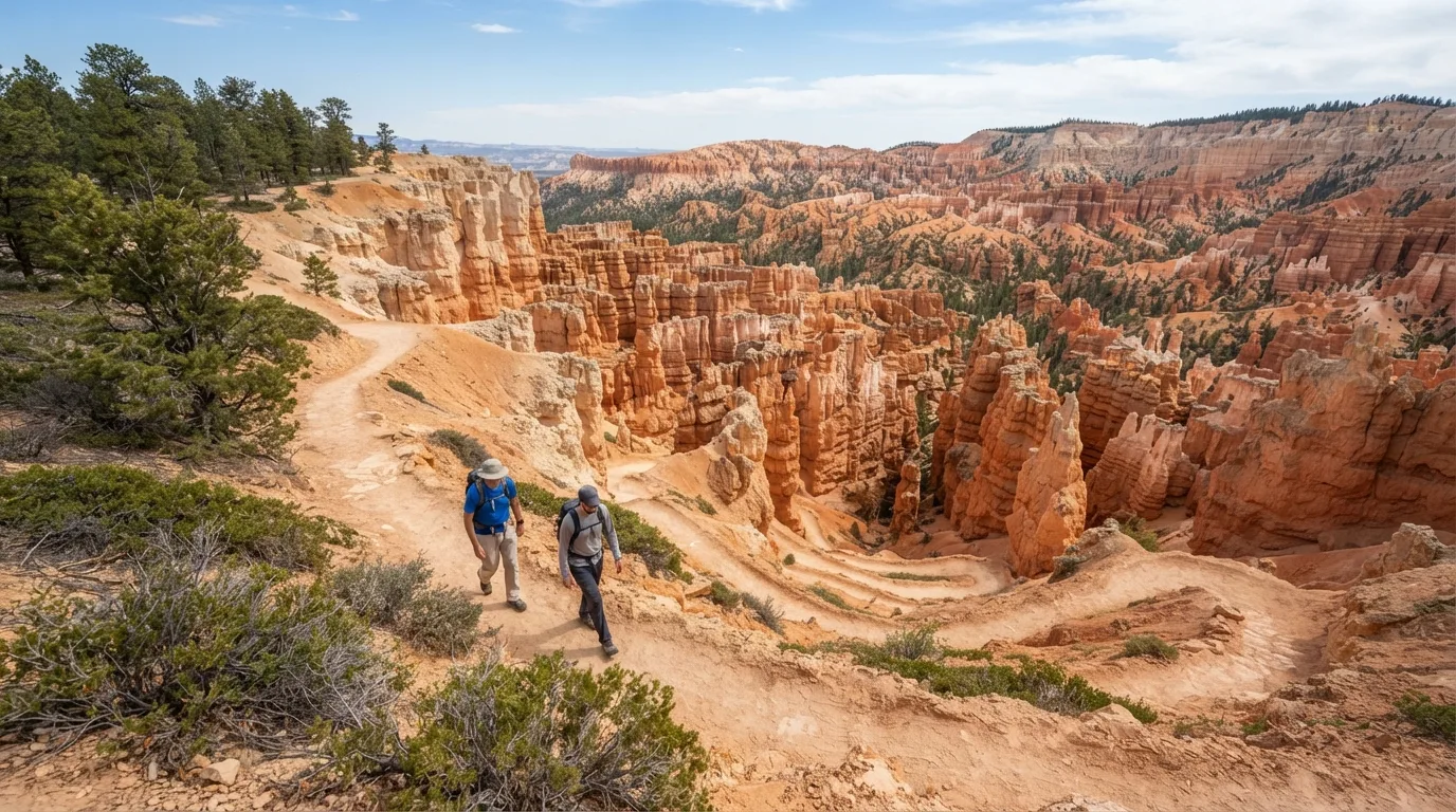 Hikers on Swamp Canyon Loop in Bryce Canyon with hoodoo amphitheaters, rim forests, limestone fins, switchbacks, and high desert viewpoints.