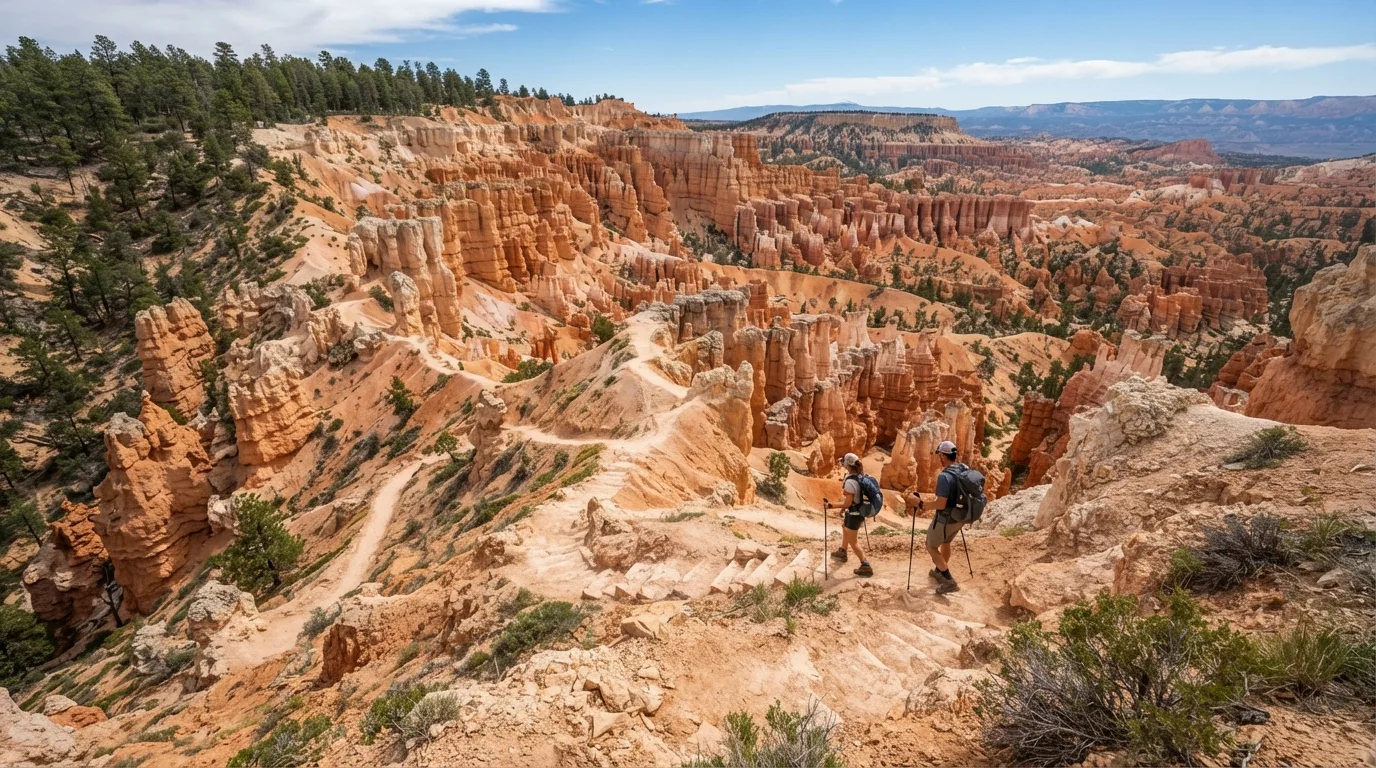 Hikers on Under-the-Rim Trail to Yellow Creek in Bryce Canyon with hoodoo amphitheaters, rim forests, limestone fins, switchbacks, and high desert viewpoints.