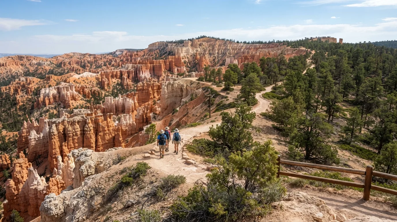 Hikers on Rim Trail from Sunrise to Sunset Point in Bryce Canyon with hoodoo amphitheaters, rim forests, limestone fins, switchbacks, and high desert viewpoints.