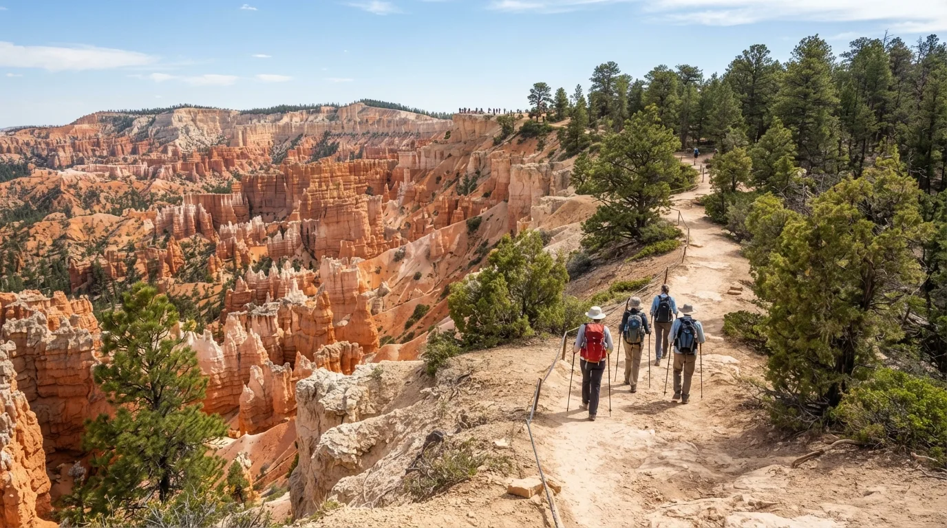 Hikers on Rim Trail from Inspiration Point to Bryce Point in Bryce Canyon with hoodoo amphitheaters, rim forests, limestone fins, switchbacks, and high desert viewpoints.