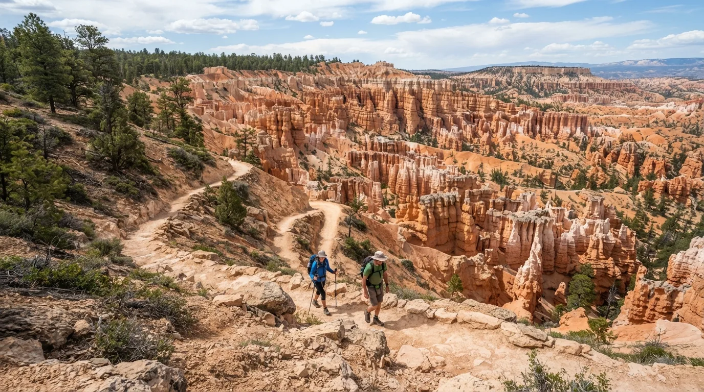 Hikers on Tropic Trail in Bryce Canyon with hoodoo amphitheaters, rim forests, limestone fins, switchbacks, and high desert viewpoints.