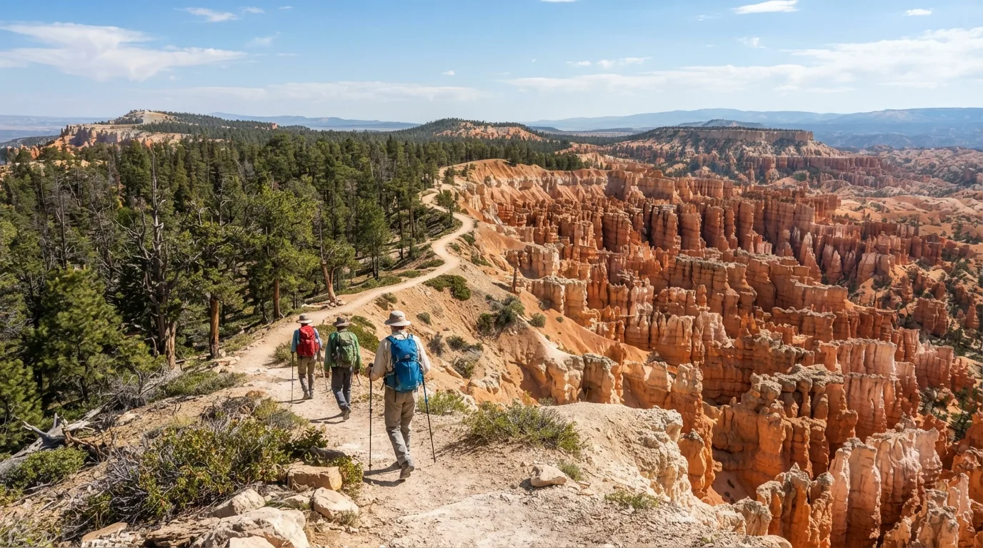 Hikers on Bristlecone to Rainbow Point Walk in Bryce Canyon with hoodoo amphitheaters, rim forests, limestone fins, switchbacks, and high desert viewpoints.