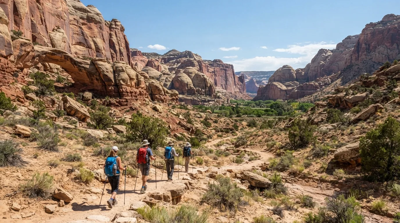 Hikers on Frying Pan Trail in Capitol Reef with Waterpocket Fold cliffs, dry washes, natural bridges, domes, and orchard-lined canyon mouths.