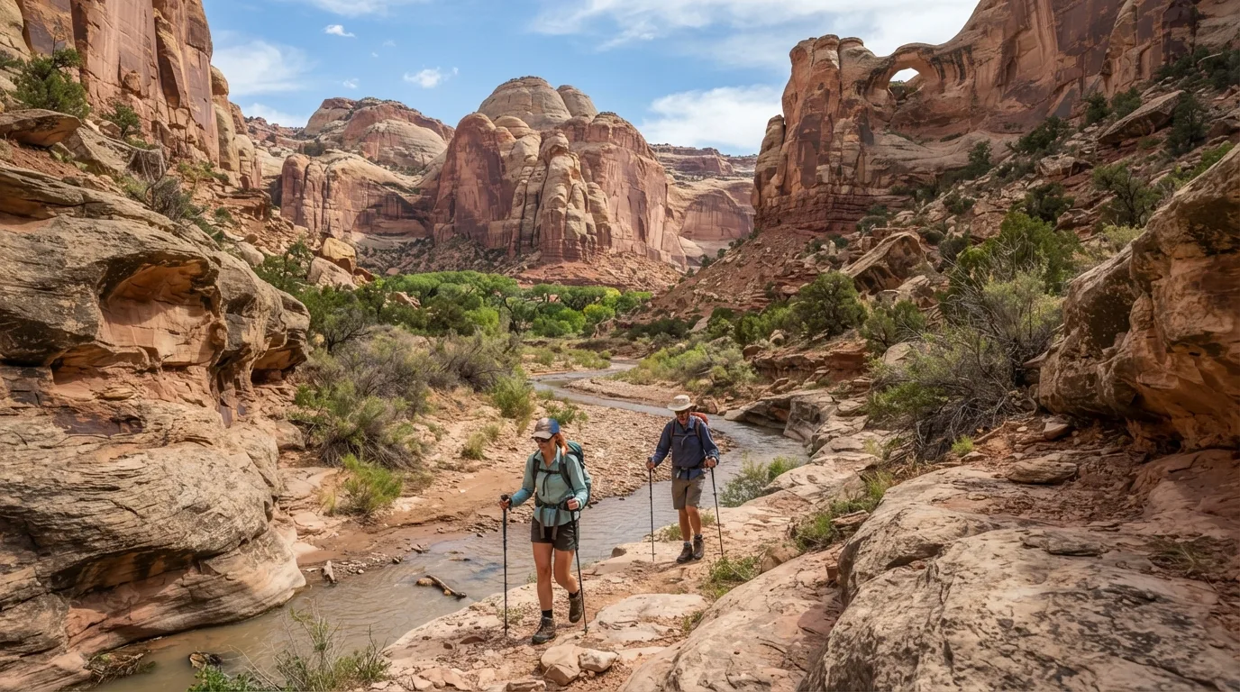 Hikers on Sulphur Creek Route in Capitol Reef with Waterpocket Fold cliffs, dry washes, natural bridges, domes, and orchard-lined canyon mouths.