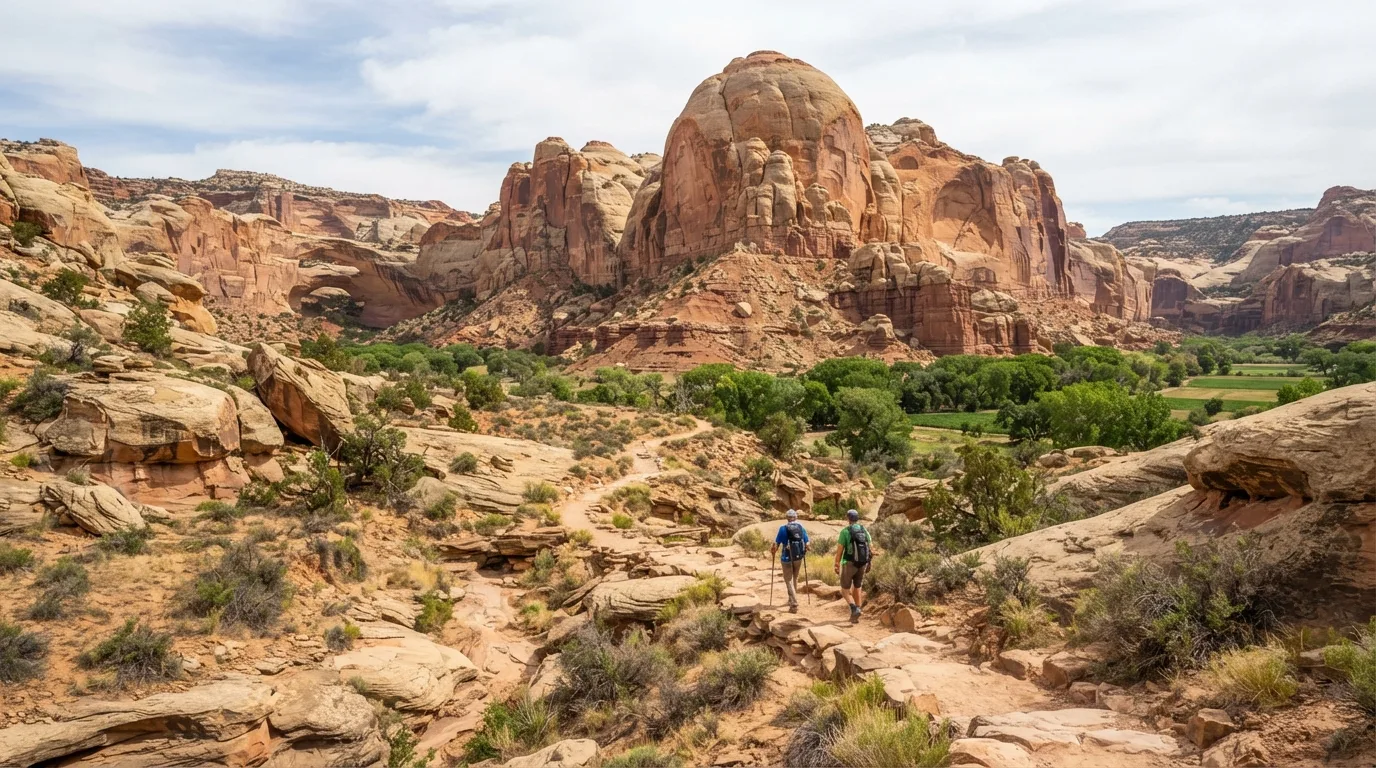 Hikers on Golden Throne Trail in Capitol Reef with Waterpocket Fold cliffs, dry washes, natural bridges, domes, and orchard-lined canyon mouths.