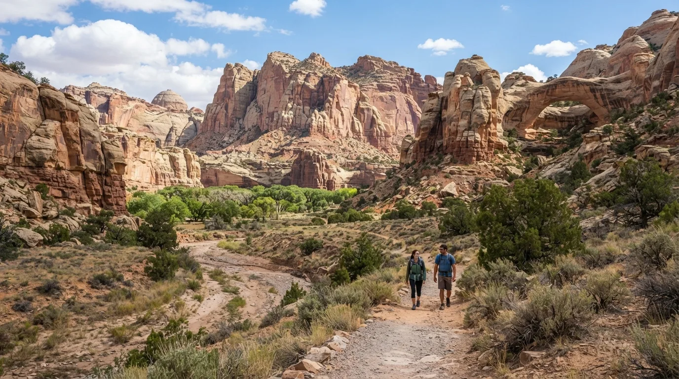 Hikers on Pleasant Creek Trail in Capitol Reef with Waterpocket Fold cliffs, dry washes, natural bridges, domes, and orchard-lined canyon mouths.