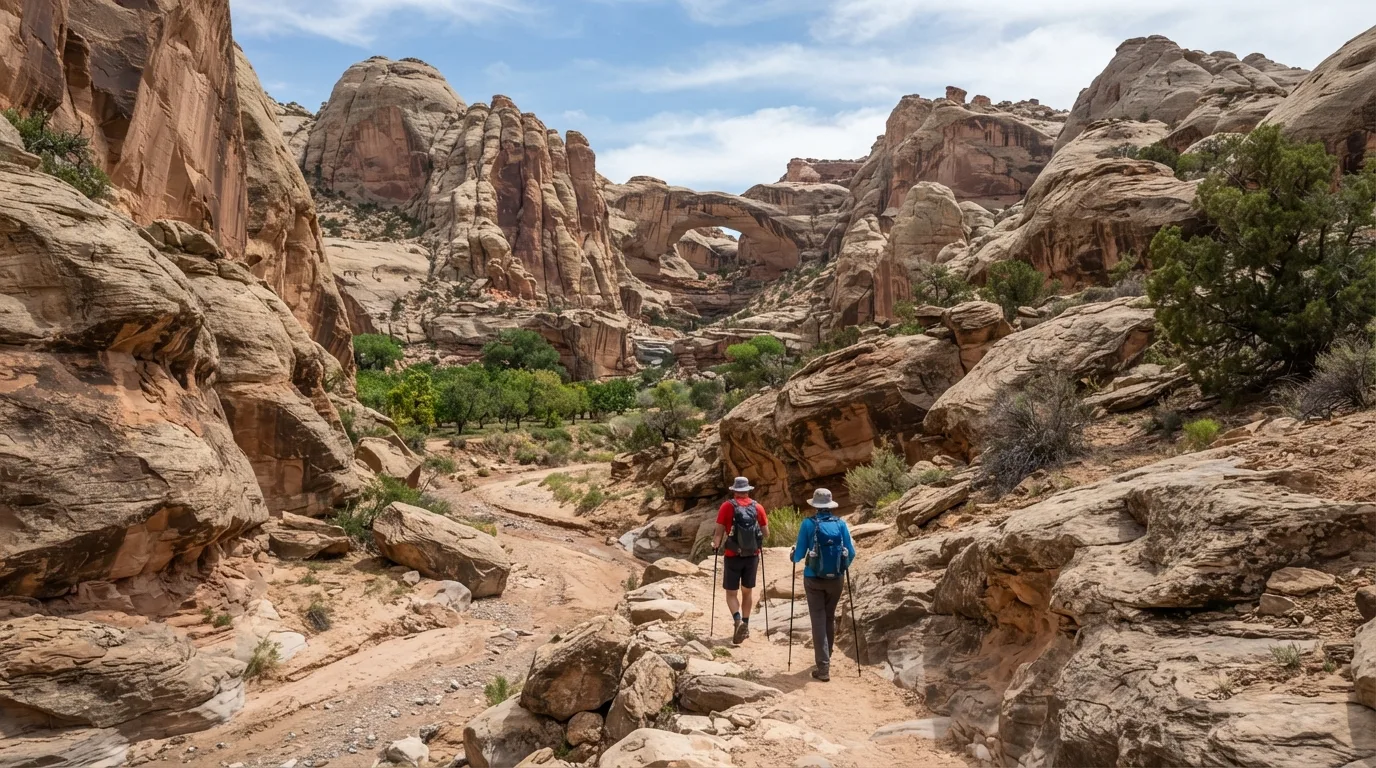 Hikers on Sheets Gulch Trail in Capitol Reef with Waterpocket Fold cliffs, dry washes, natural bridges, domes, and orchard-lined canyon mouths.